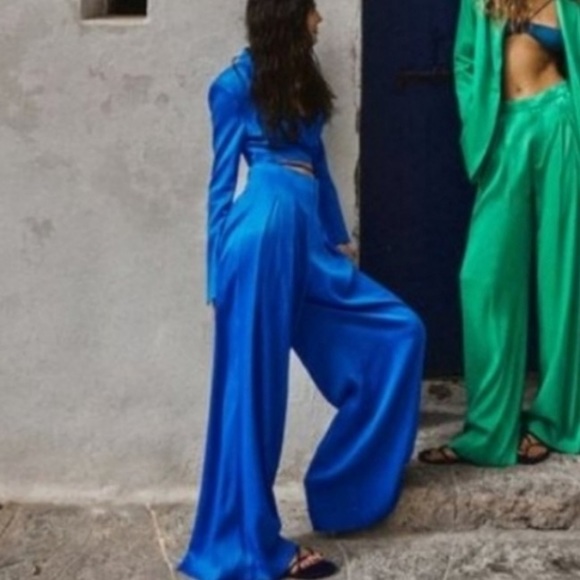 NWT Zara Full Length Satin Effect Wide Leg Trousers Pants - Picture 4 of 15